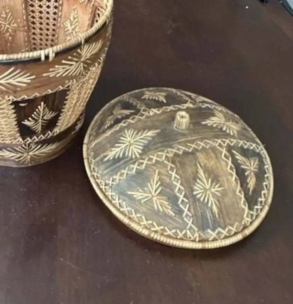 Vintage Decorative Asian Woven Bamboo Rice Basket with Lid and Handle